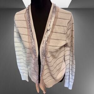 Ann Taylor LOFT Sequin Gray Metallic Striped Beige Cardigan